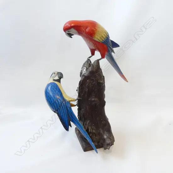 FINELY HAND PAINTED CARVED WOOD TWO PARROTS ON WOOD STAND H.540mm