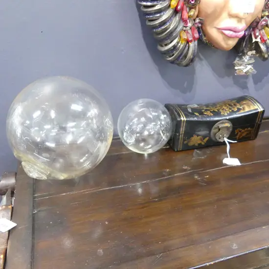 2 VINTAGE CLEAR GLASS FISHING FLOATS + ORIENTAL HEAD REST PILLOW BOX W.250mm