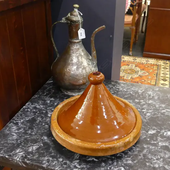 GENUINE MOROCCAN CLAY TANGINE + MIDDLE EASTERN COPPER JUG H.330mm