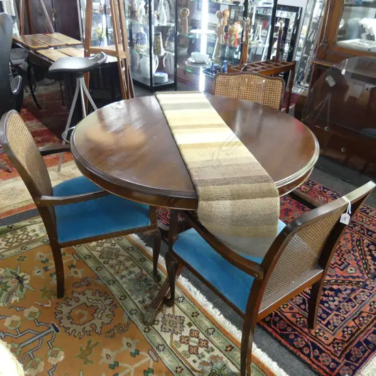 REGENCY STYLE MAHOGANY PEDESTAL TABLE + 3 CHAIRS w. BLUE VELVET SEAT
