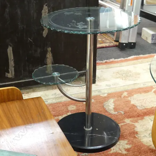 DECO STYLE TWO-TIER FROSTED GLASS SIDE TABLE, MARBLE BASE, 390 x 530mm