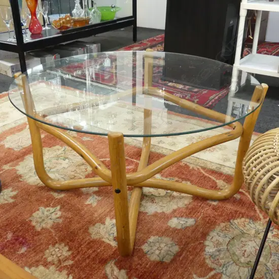 DESIGNER GLASS TOP CANE COFFEE TABLE 770mmDIA