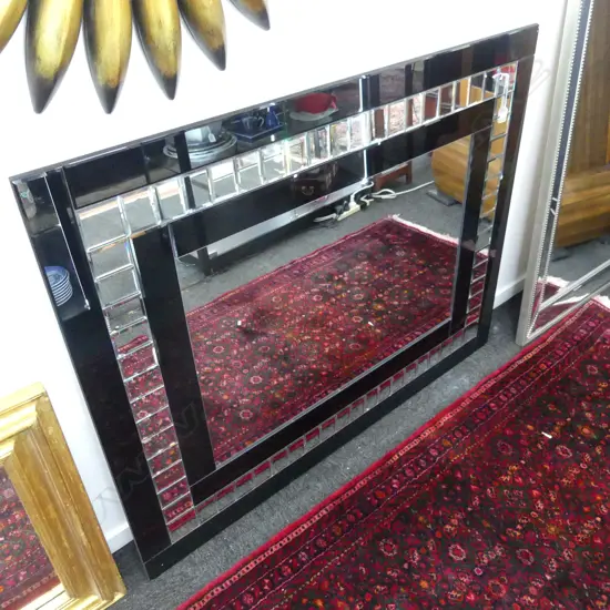 LARGE MIRROR; THICK BLACK FRAME w. BEVELED GLASS RECTANGLES 970x1220mm small cnr chips