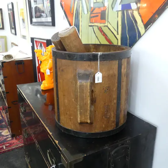 LG ORIENTAL WOODEN GRAIN BUCKET (METAL TRIMS) (DIA  315 H 310MM) + PR GRAIN POUNDERS (L 395MM)