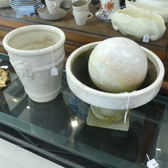 LG OLD CERAMIC GARDEN POT WITH LIONS HEADS (A/F) H 280 DIA 225MM +LG GARDEN URN (H 250MM) WITH BALL (DIA 180MM)