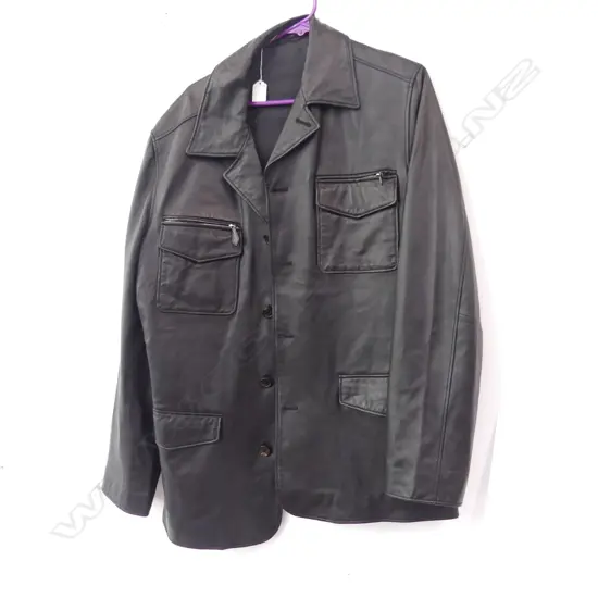 HERMES BLACK LEATHER COAT; BUFFALO NUBUCK SIZE 52