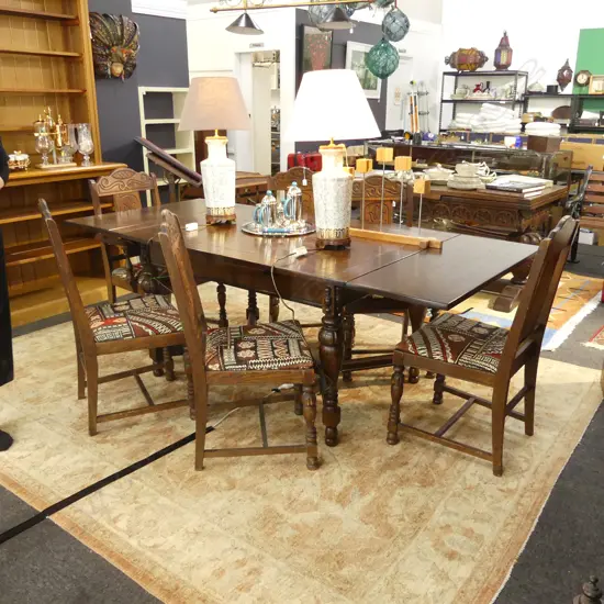 20s / 30s OAK DINING TABLE & 6 CHAIRS w. TAPA FABRIC SEATS