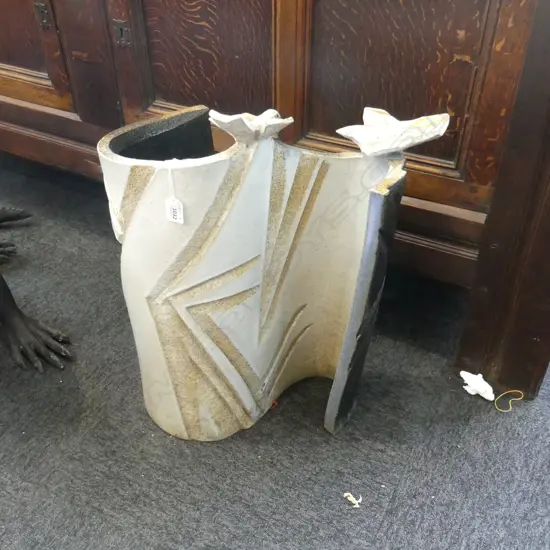 TALL ART POTTERY wave form GARDEN SCULPTURE W BIRDS H585