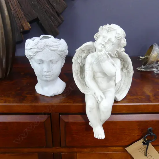 CERAMIC PLANTER; CLASSICAL HEAD + RESIN ANGEL H.300mm