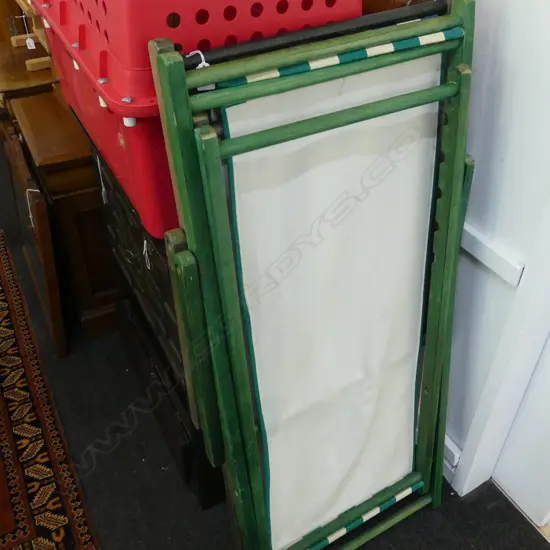 PR WOODEN FRAMED CANVAS FOLDING DECK CHAIRS; 1 GREEN & WHITE STRIPE, 1 BLUE & WHITE STRIPE
