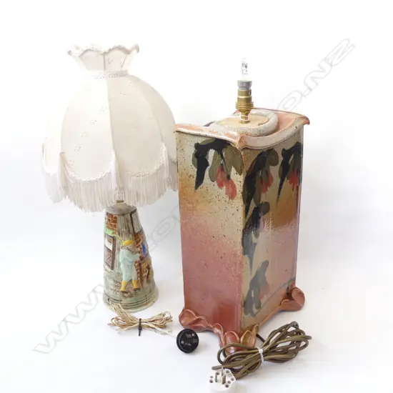 NZ POTTERY LAMP BASE + HAND PAINTED ENGLISH SIDE LAMP 410mm-530mm- WORKING