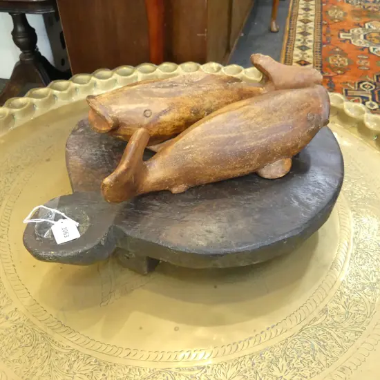 VINTAGE INDIAN CHAPATI WOODEN SERVING PLATTER 370mm dia + PR WOODEN KOI FISH