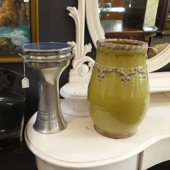 FRENCH STYLE GREEN CERAMIC POT w. GREEN GLAZE + TURKISH DARBUKA METAL DRUM H.320mm