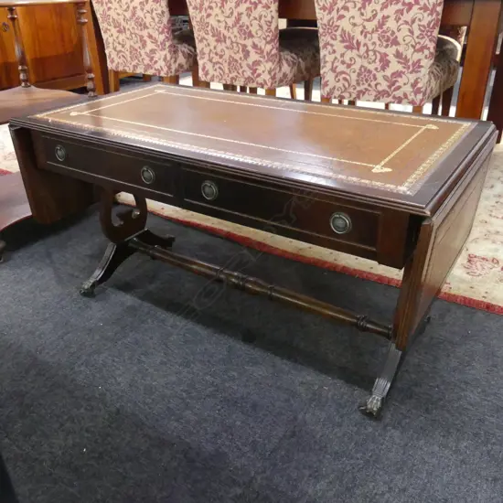ANTIQUE STYLE MAHOGANY & LEATHER TOPPED  SOFA TABLE w. DRAWERS 990mmL X 520mmH X 500mmD (EXTENSION NOT MEASURED)