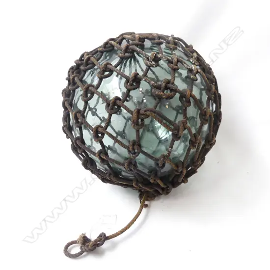 OLD GLASS FISHING FLOAT WITH BROWN NETTING DIA APPROX 300MM