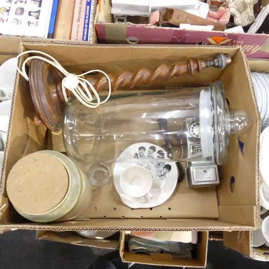 BOX MISC INCL XLL GLASS JAR, BARLEY TWIST LAMP STAND, PHONE MONEY BOX ETC..