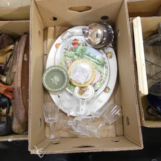 BOX ASST CHINA & GLASS; CRISTAL D'AQUE WINE, PLATTERS, ETC.