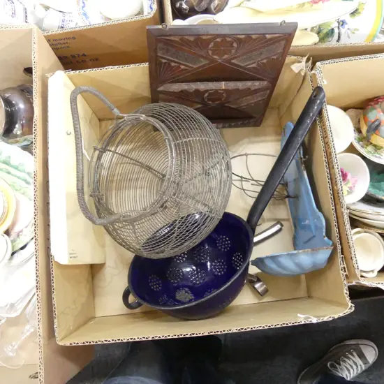BOX MISC INCL LONG HANDLED COLANDER, WOODEN CARVED LETTER RACK, EGG BASKET ETC..