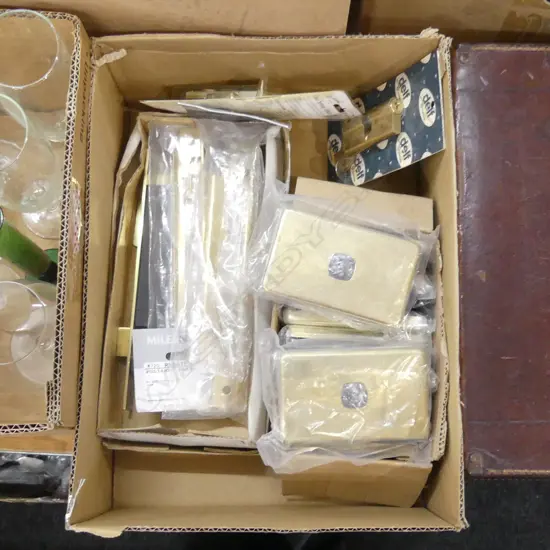 BOX ASST NEW POLISHED BRASS LIGHT SWITCH COVERS, LOCKS ETC..