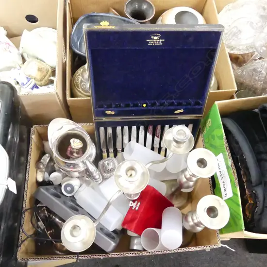 BOX LOT SILVER PLATE, CANDLESTICKS, E-CANDLES, 19thC FIGURE ETC