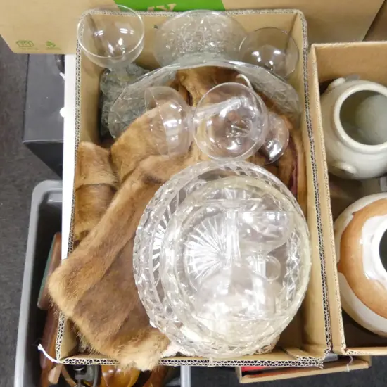 BOX LOT FUR STOLE, LINENS, 6 HOLLOW STEM GLASSES AF, GREENSTONE PCE ETC