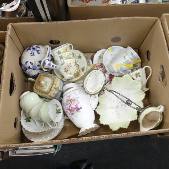 BOX ASST CHINA & PORCELAIN INCL TRIOS, COFFEE POT ETC..