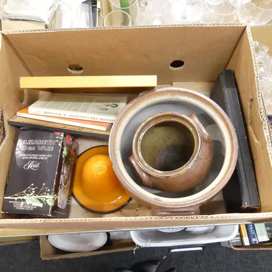 BOX ASST INCL POTTERY, FISH SERVERS, HISTORICAL REF. BOOKS ETC..
