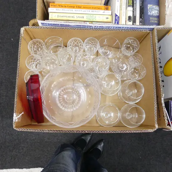 BOX ASST GLASS WARE; STEMMED CRYSTAL GLASSES; BOWL, RED GLASS DISH ETC..