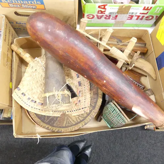 BASKETRY, GOURD, MODEL CANOES. PRIMITIVE DRILL , PRIMITIVE WOOD PLANE.