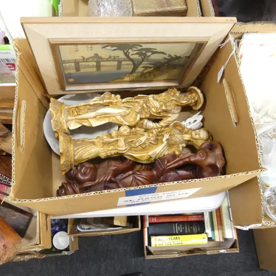 BOX ASST ORIENTAL INCL BONE & WOOD CARVINGS ETC..
