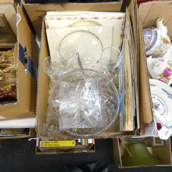 BOX LOT RECTANGULAR DECO PLATES, CUTLERY, CRYSTAL BOWL & 6 GLASSES + COINS / BASKETBALL CARDS ETC