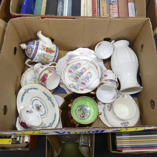 GOOD BOX ASST CHINA. INCL ROYAL STAFFORD TEA SET, CROWN DEVON, MALING ETC..