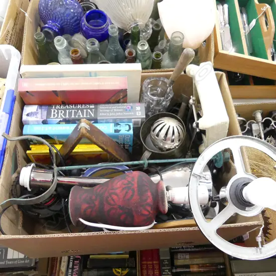 BOX LOT LAMPS, BOOKS, CERAMICS ETC