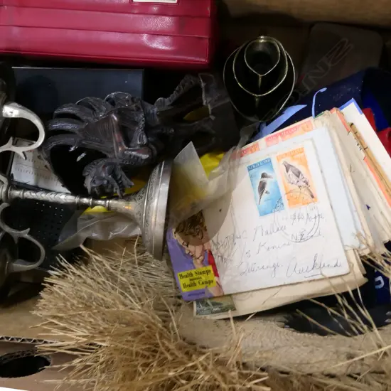 BOX MISC. INCL. OLD TRANSISTOR RADIOS, STAMPS, PENANTS ETC.