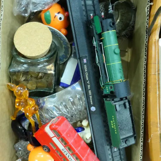 SM BOX LOT; MODEL TRAIN, DIE CAST BUS & CAR, JAR COINS, MINIATURE GLASS ANIMALS, SOUVENIR SPOONS ETC..