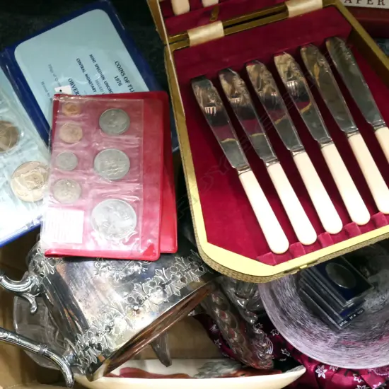 BOX LOT CHINESE JACKET, PLATE, BOXED FISH SET, EP TEAPOT, 2 COIN SETS, 4 COMMEMORATIVE COINS, CRYSTAL ETC