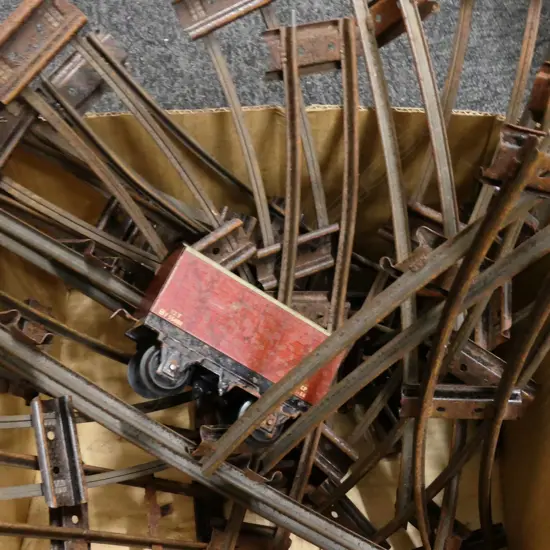 BOX OF HORNBY TRAIN TRACK AND ROLLING STOCK