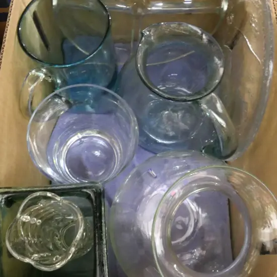 BOX LOT ASST. GLASS JUGS & VASES ETC