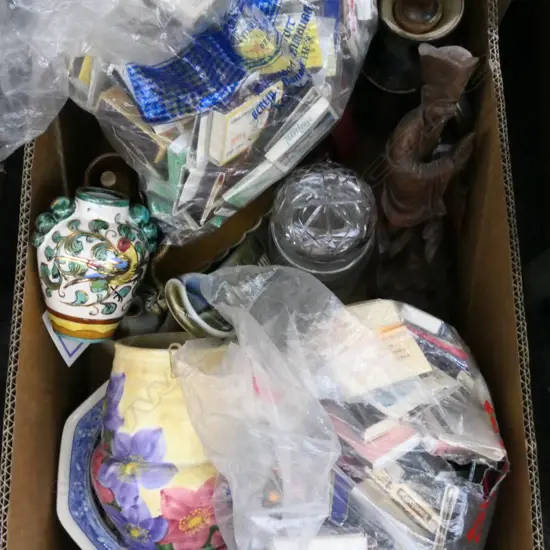 BOX LOT ASST. CERAMICS, MATCH BOXES ETC
