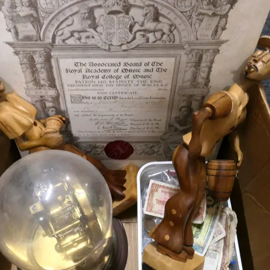 BOX LOT ASST. WORLD COINS, DOME CLOCK, PR WOODEN FIGURES, CERTIFICATE