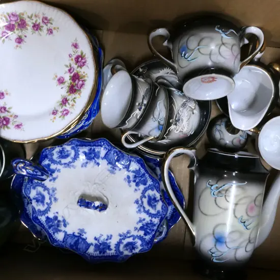 BOX ASST GLASS & PORCELAIN INCL DRAGON TEA SET, BLUE & WHITE SAUCE DISH & LADLE ETC.