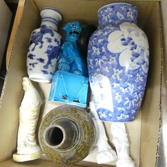 BOX OF ORIENTAL CHINA (2 VASES DAMAGED)