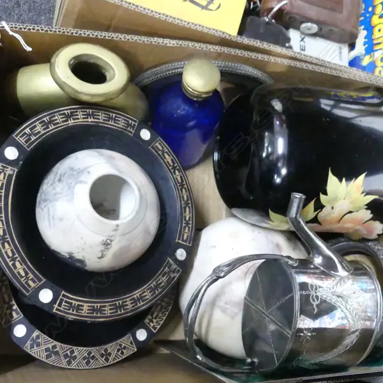 BOX LOT ASST.; 2 KAVA BOWLS, VASES ETC
