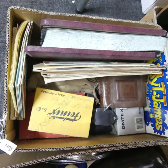 BOX MISC INCL OLD CAMERAS, BILLY T JAMES BOOKS, MAPS ETC..