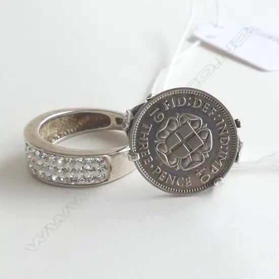 SILVER RING SET w 1940 ENGLISH 3d COIN , SIZE O and SILVER RING WITH CZs, SIZE N