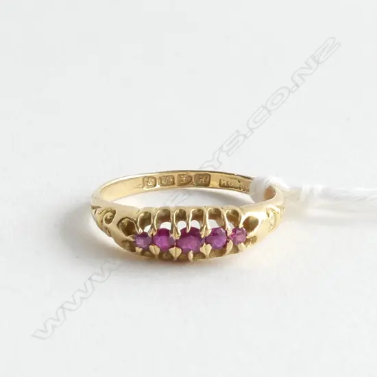 EDWARDIAN 18ct. GOLD FIVE STONE RUBY RING CHESTER 1908 1.33gm, SIZE L½