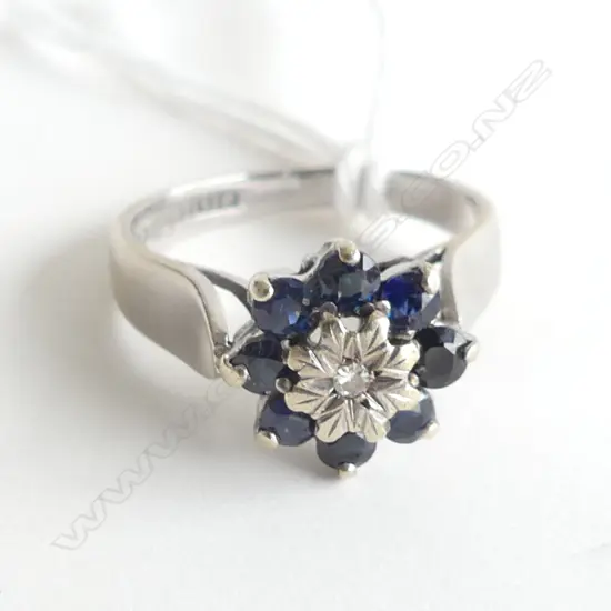 9ct. WHITE GOLD, SAPPHIRE AND DIAMOND RING 2.74gm, SIZE J