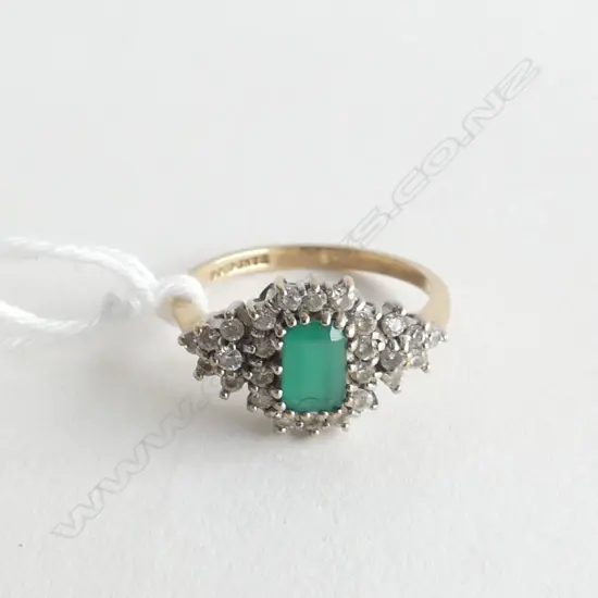 9ct. GOLD, CREATED EMERALD & DIAMOND CLUSTER RING ENGLISH HALLMARKS, SIZE M