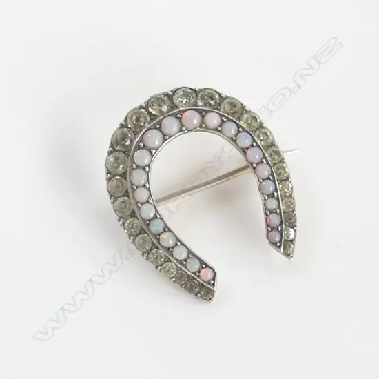 800 SILVER HORSESHOE BROOCH WITH RHINESTONES AND GLASS OPALS