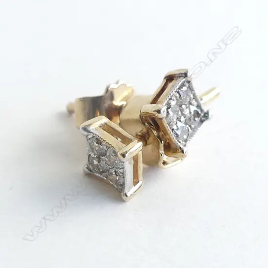 9ct. GOLD & 4 ROUND DIAMONDS IN A SQUARE SETTING STUD EARRINGS . 8gm.